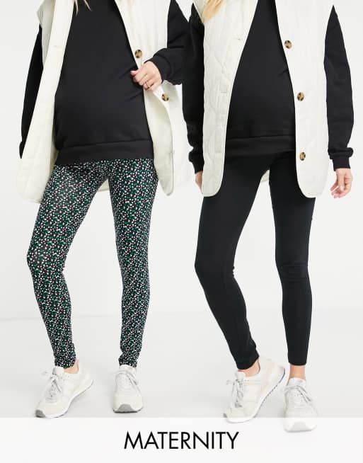 Mamalicious Maternity - Lot de 2 leggings en jersey - Noir/imprimé 