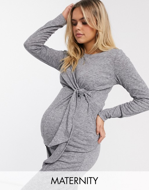 Mamalicious Maternity lounge co-ord top with tie detail in grey marl