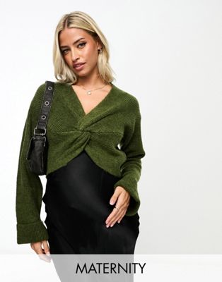 Mamalicious Maternity tie front cropped jumper in khaki  - ASOS Price Checker
