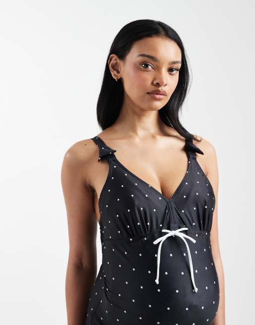 Mamalicious Maternity - Maillot 1 pièce noué devant avec clip d'allaitement à imprimé pois - Noir, 2 de 4