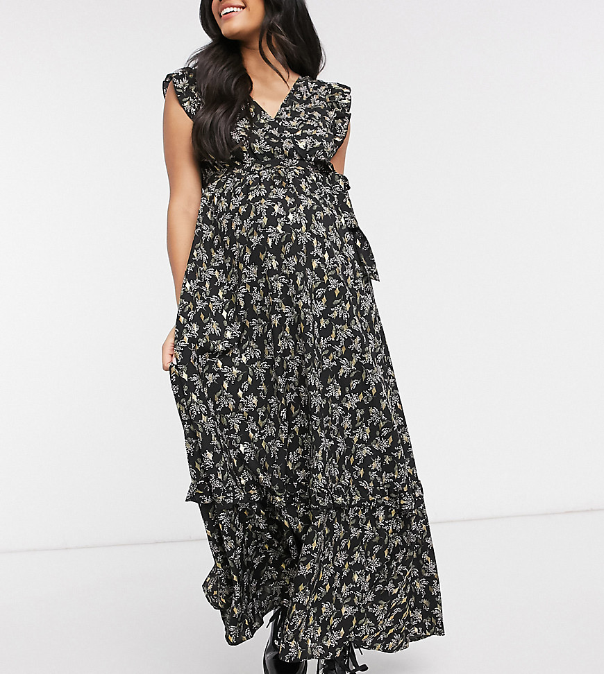 Mamalicious Maternity maxi dress with frill cap sleeve in black and gold foil print-Multi