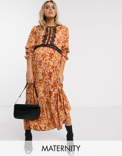 Mamalicious Maternity maxi dress with lace insert in rust paisley
