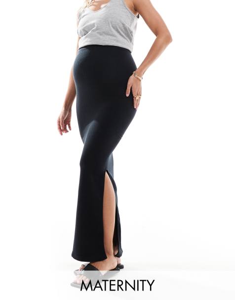 Mamalicious Maternity – Maxi-Umstandsrock aus weichem, geripptem Stretch-Material in Schwarz mit seitlichem Schlitz - view 1