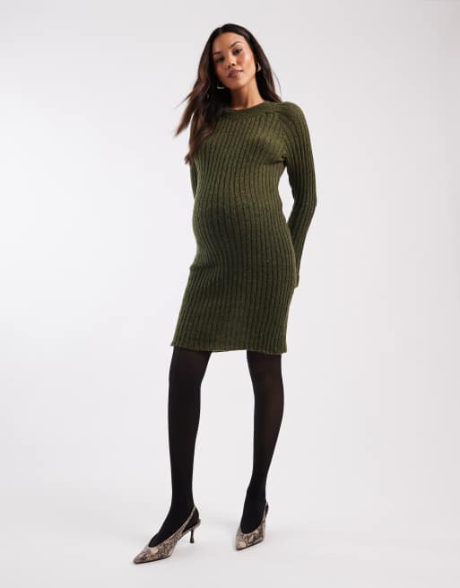 Mamalicious Maternity – Melanżowa sukienka mini z miękkiej prążkowanej dzianiny z rękawami typu dzwon w kolorze khaki