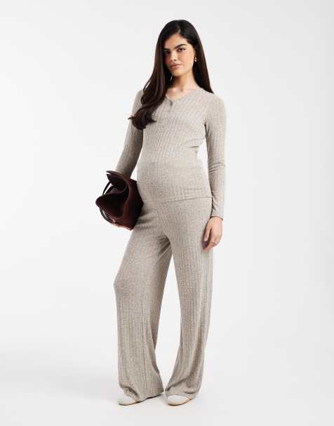 Mamalicious Maternity - Meleret kakifarvede bukser med taljekant over maven med bindebånd og vide ben - Del af sæt - view 1