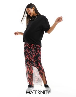 Mama.licious Mamalicious Maternity Mesh Maxi Skirt In Red Abstract Print