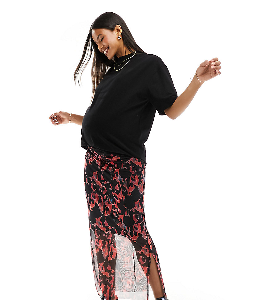 Mama.licious Mamalicious Maternity Mesh Maxi Skirt In Red Abstract Print