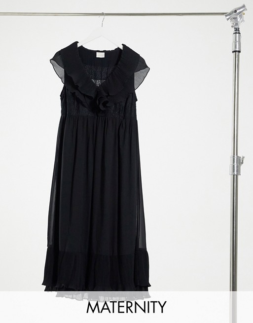 Mamalicious Maternity midi chiffon dress with pleat detail in black