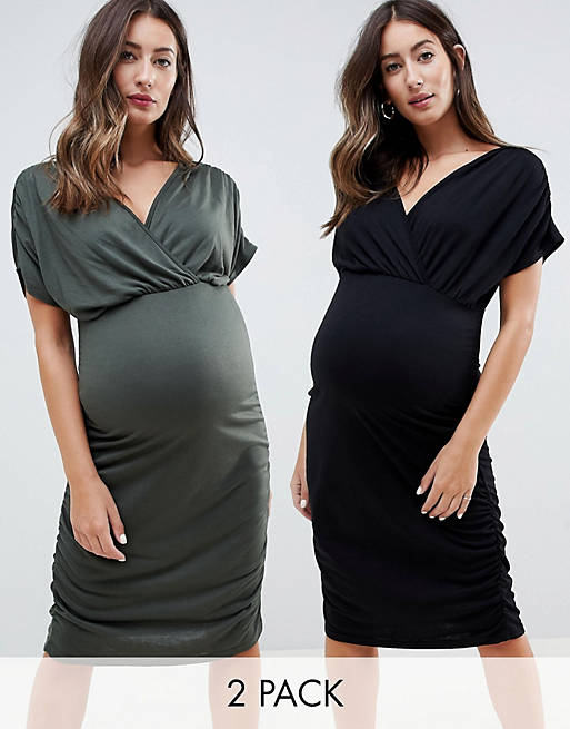 Mamalicious maternity midi jersey dress with cap sleeve in khaki and black - 2 pack