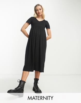 Mamalicious Maternity - Midi jurk met V-hals en korte mouwen in zwart met wassing 