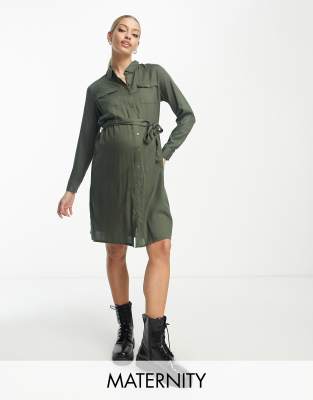 Mamalicious Maternity nursing knitted midi shirt dress with tie waist in  khaki