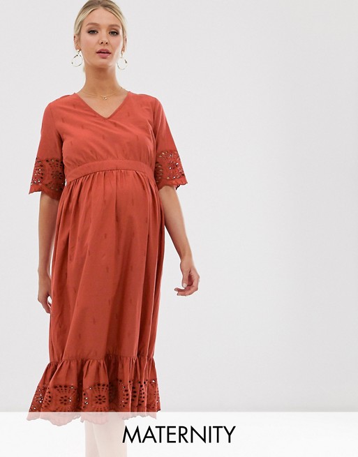 Mamalicious maternity midi smock dress with broderie in rust