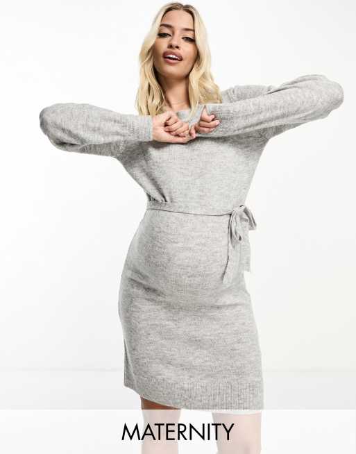 Mamalicious Maternity Midi Strickkleid in Grau mit Bindegurtel Umstandsmode ASOS