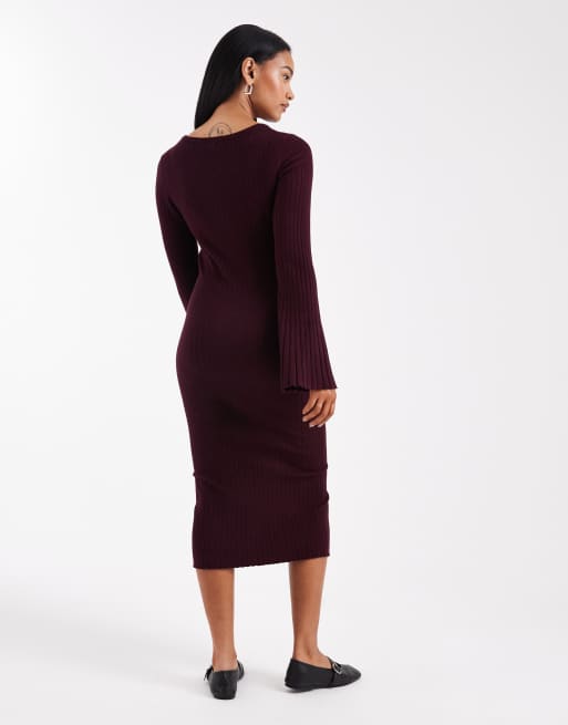 Mamalicious Maternity – Midikleid aus geripptem Strick in Burgunderrot mit Bindeband in der Taille, Umstandsmode, 3 von 4