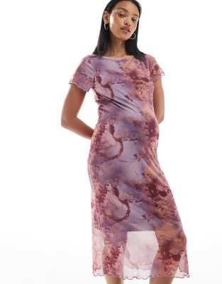 Mamalicious Maternity - Midikleid aus Jersey-Netzstoff mit rosa Marmormuster und U-Boot-Ausschnitt, Umstandsmode
