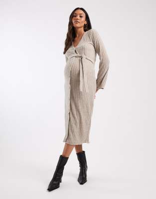 Mamalicious Maternity - Midikleid aus sehr weichem Rippstrick in Creme meliert mit Bindeband in der Taille, Umstandsmode...
