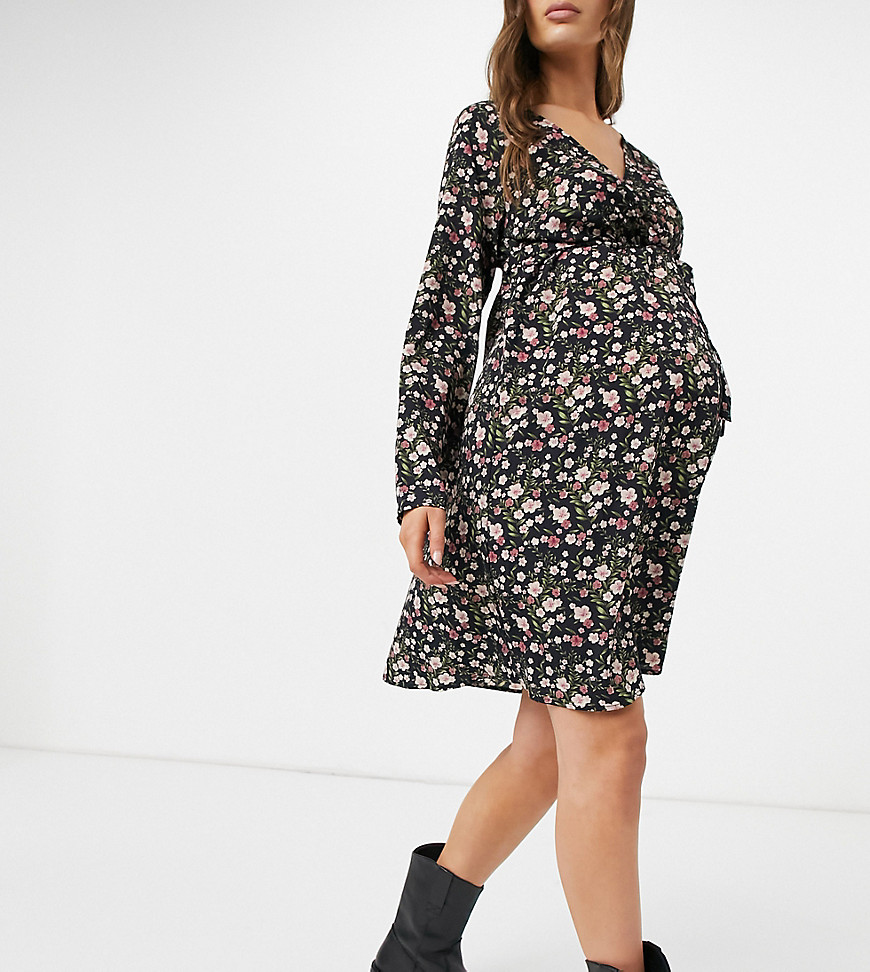 Mamalicious Maternity mini dress with wrap front detail in floral-Multi