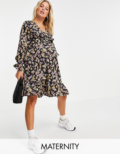 Mamalicious Maternity mini smock dress with frill cuff in floral