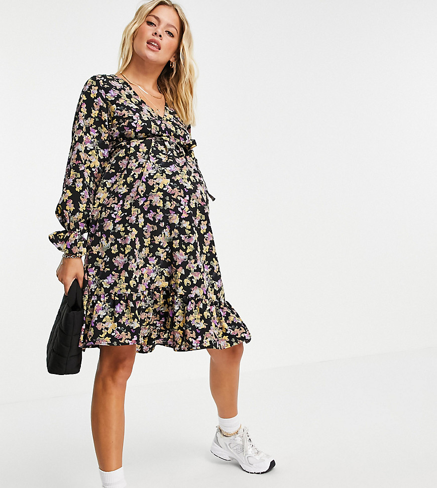 Mamalicious Maternity mini smock dress with frill cuff in floral-Multi