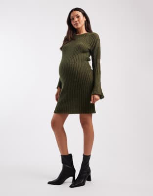 Mamalicious Maternity - Minikleid aus weichem Rippstrick in Khaki meliert mit ausgestellten Ärmeln-Grün