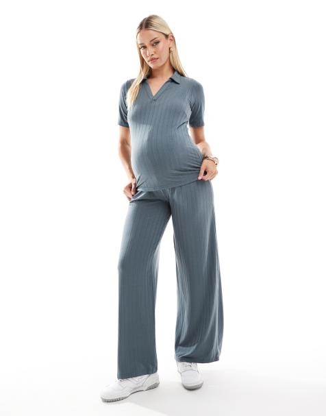 Mamalicious Maternity mix & match ribbed jersey maxi cardigan, polo top and wide leg trouser co-ord in asphalt - view 1