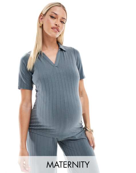 Mamalicious Maternity mix & match ribbed jersey polo co-ord in asphalt - view 1