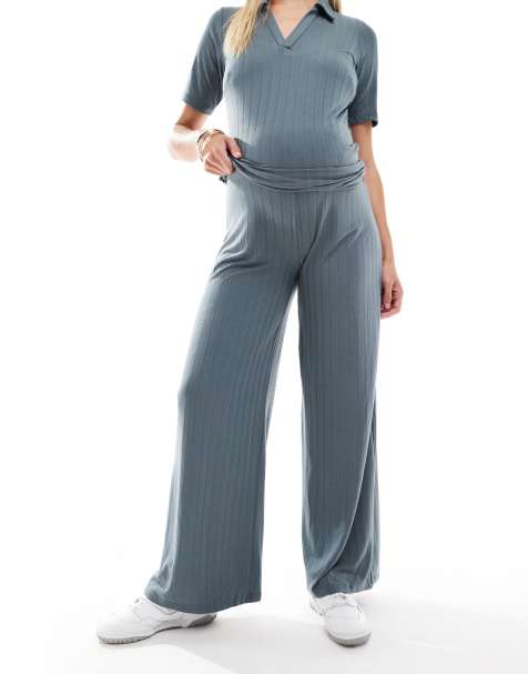 Mamalicious Maternity mix & match ribbed wide leg trouser co-ord in asphalt - view 1