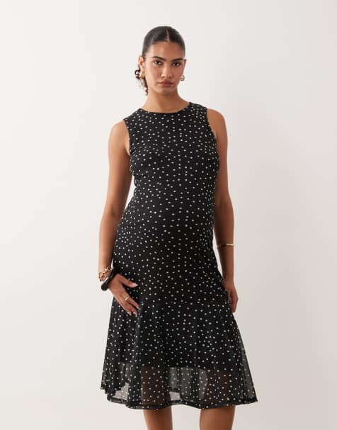 Mamalicious Maternity - Mouwloze midi jurk van mesh in zwart met witte stippenprint - view 1