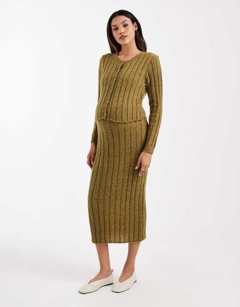 Mamalicious Maternity ribbed knitted midi skirt co-ord in chartreuse