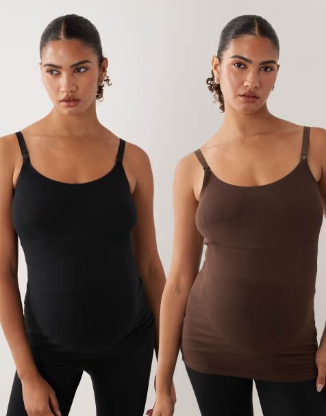 Mamalicious Maternity – Nahtlose Camisole-Oberteile in Schwarz und Schokobraun, Umstandsmode, 2er-Pack - view 1