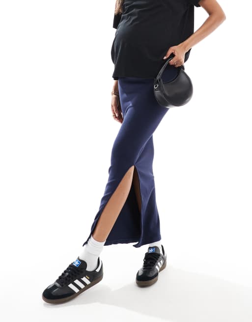 Mamalicious Maternity – Nahtloser Umstands-Maxirock in Marineblau mit Überbauchbund, 5 von 5