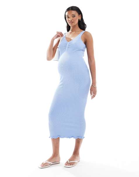 Mamalicious Maternity textured support tank midi dress with lettuce edge in blue