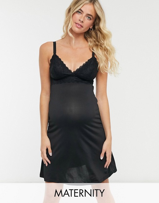 Mamalicious Maternity night dress with nursing function with lace detail in black