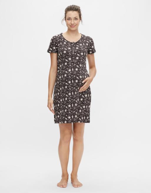 Maternity Short Night Gown- Floral (Black)