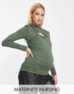 Mamalicious Maternity nursing 2 in 1 functional long sleeve top in khaki-Green