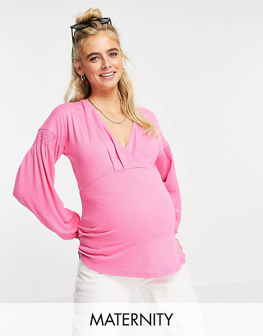 Mamalicious Maternity Nursing blouse with wrap front detail and balloon sleeve in pink