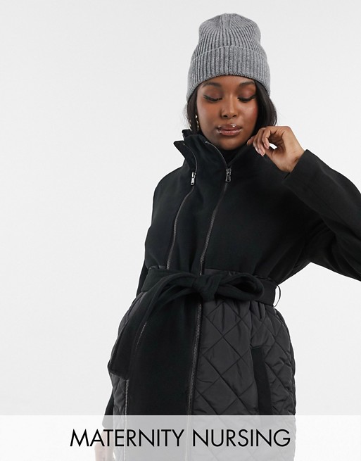 Mamalicious Maternity & Nursing Combi coat with quilted detail in black