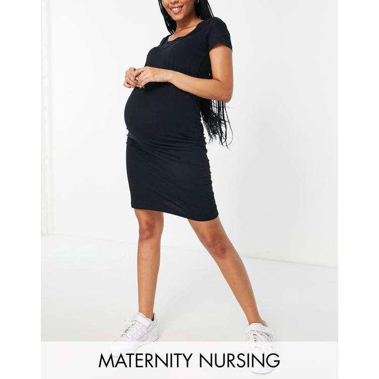 Mamalicious Maternity nursing cotton blend bodycon mini dress in black BLACK ASOS