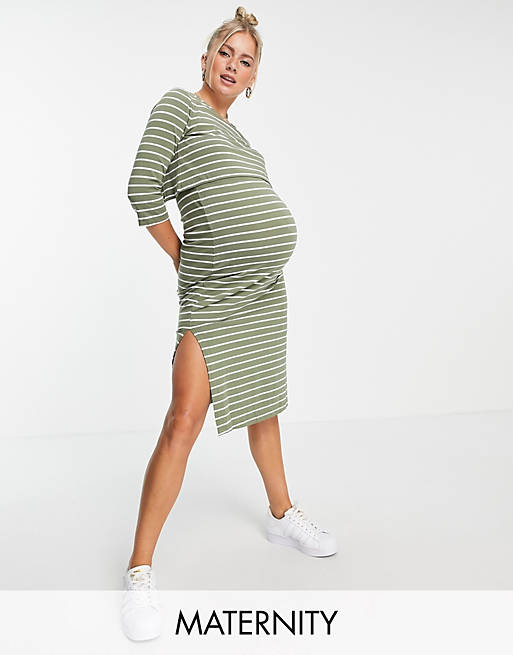 Mamalicious Maternity cotton nursing function t- shirt dress in green and white stripe - MULTI