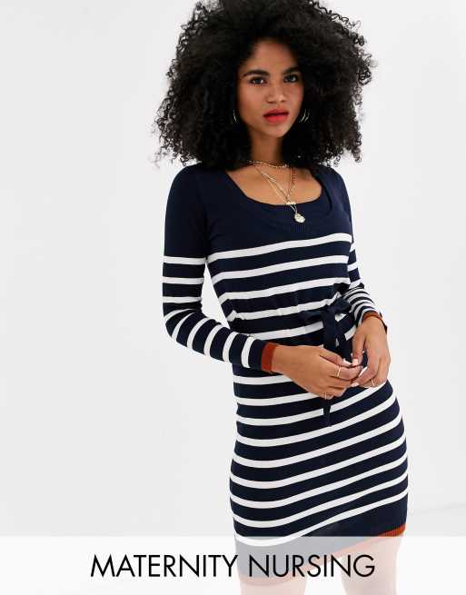 Mamalicious Maternity nursing knitted jumper dress in navy stripe ASOS