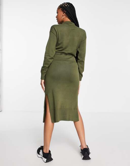 Mamalicious Maternity nursing knitted midi shirt dress with tie waist in  khaki