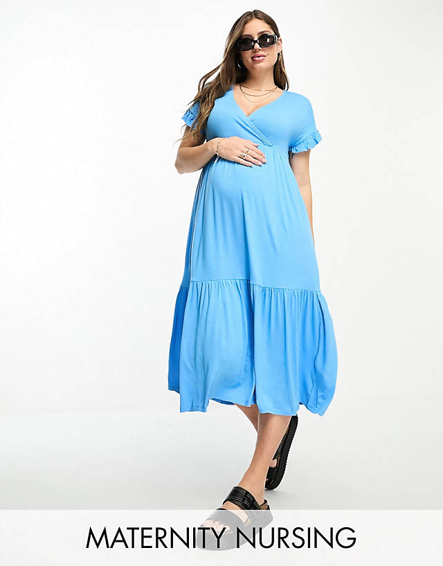 Mama.licious - Mamalicious Maternity nursing midi dress with frill sleeves in blue