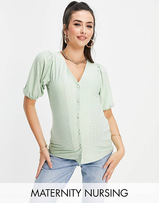 Mamalicious Maternity nursing puff sleeve broderie blouse in green - MGREEN