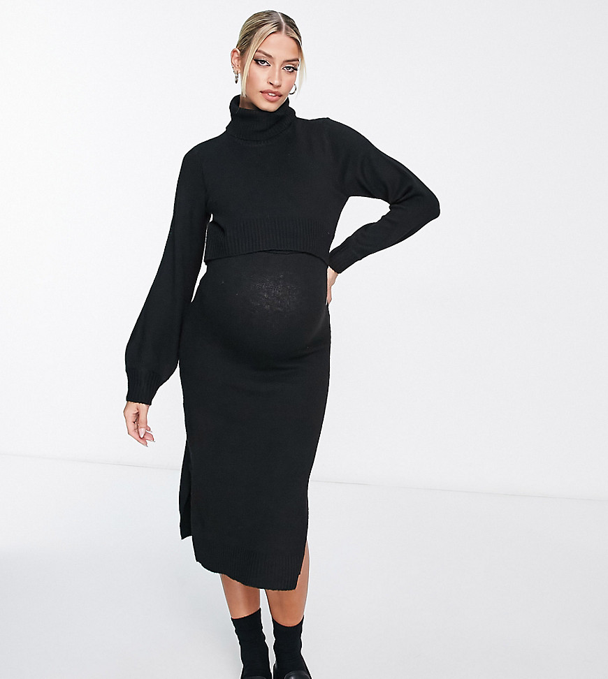 Mama.licious Mamalicious Maternity Nursing Roll Neck 2 Function Knitted Midi Dress In Black