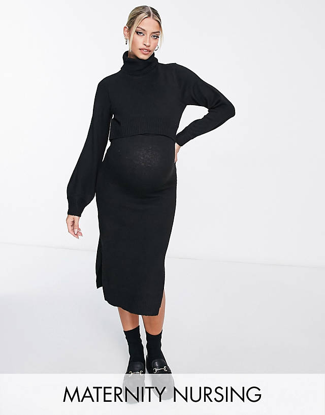 Mamalicious Maternity nursing roll neck 2 function knitted midi dress in black