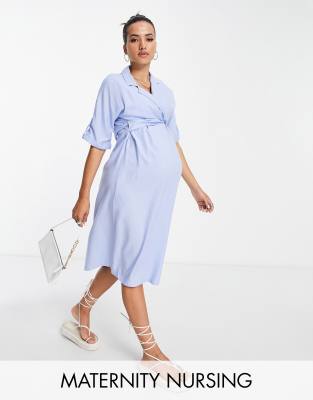 Maternity Nursing Two Piece Dress Separate Top In Light Blue, Happy Mama