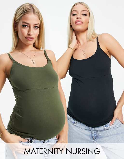 Mamalicious Maternity nursing singlet 2 pack in black and khaki