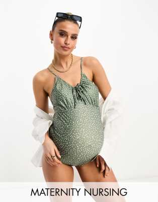 Mamalicious Maternity nursing swimsuit in spot print sage ASOS