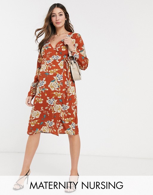 Mamalicious Maternity nursing wrap dress in red floral