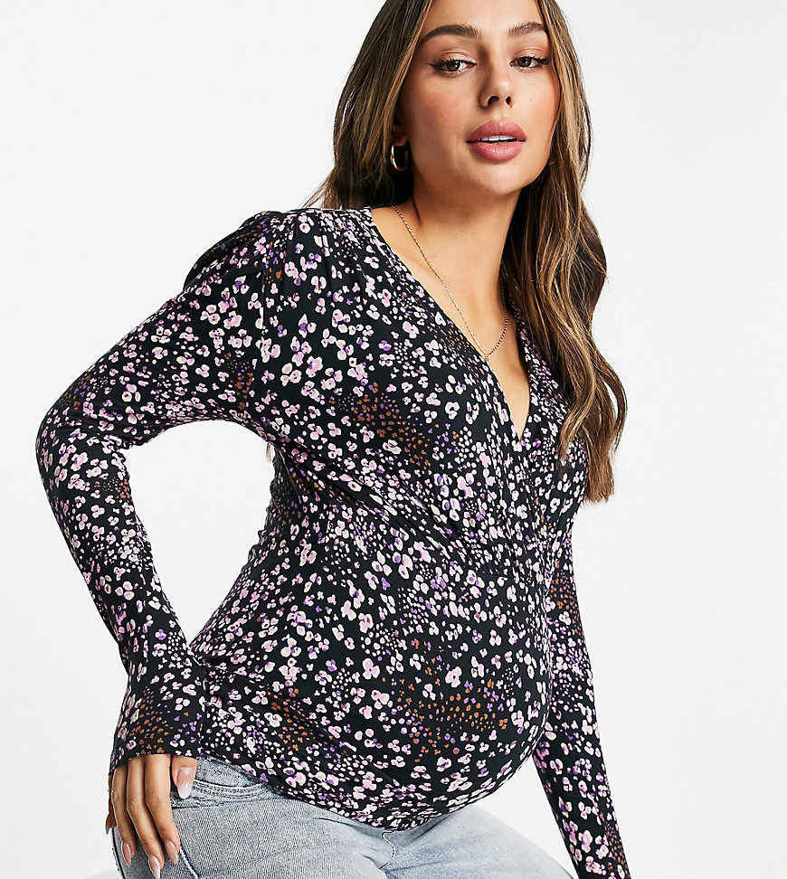 Mamalicious Maternity nursing wrap front top with long sleeves in dark floral-Multi